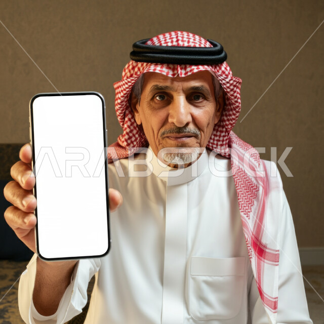تطبيقات الهاتف الذكي, بورتريه لرجل عربي خليجي سعودي يرتدي الثوب والشماغ يحمل بيده جوال بشاشه بيضاء, عرض تطبيقات وخدمات الموبايل,  التسويق الرقمي واعلانات تسويقية
