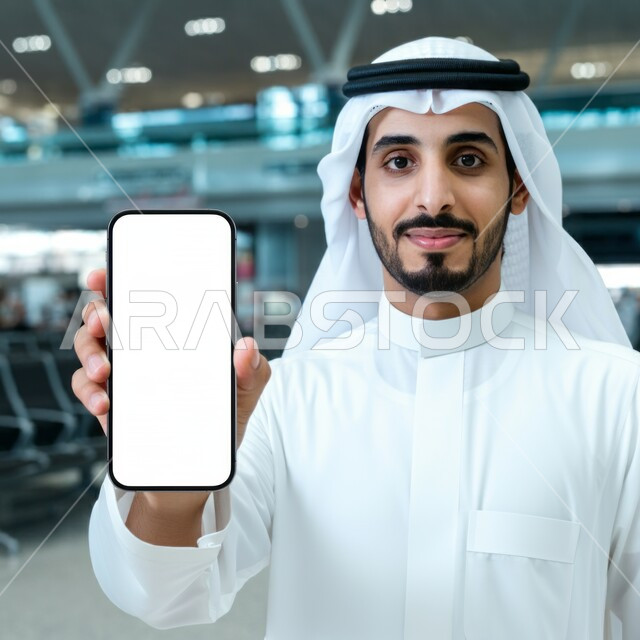تطبيقات الهاتف الذكي, بورتريه لرجل عربي خليجي سعودي يرتدي الثوب والغترة يحمل بيده جوال بشاشه بيضاء, عرض تطبيقات وخدمات الموبايل,  التسويق الرقمي واعلانات تسويقية