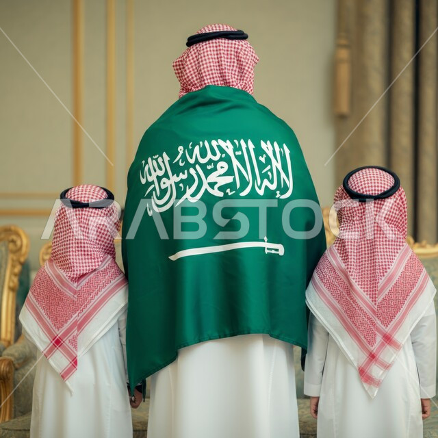 الاحتفال بذكرى اليوم الوطني السعودي, صورة من الخلف لرجل عربي سعودي خليجي مع اطفاله يرتدي علم السعودية بحب وولاء وانتماء لهذه الارض