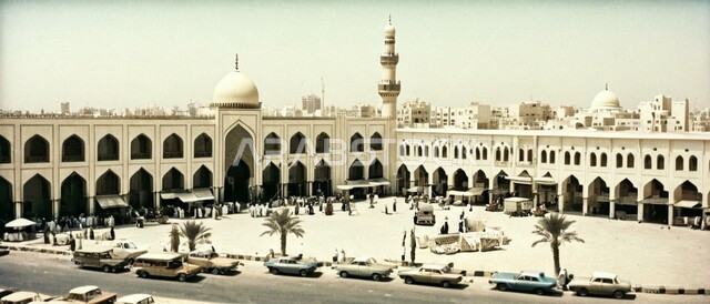 مفهوم العبادة والتقرب الى الله  ,تجمع المسلمون لأداء الصلوات ,صورة بانورامية لاحد المساجد في المملكة العربية السعودية ،الفن الهندسي المعماري للديكورات والتصاميم الإسلامية الخارجية ،الاهتمام برزاعة النباتات الخضراء في ساحة المسجد ،المأذن والقبب على الطراز الإسلامي العصري الحديث