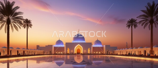 أداء الفرائض والصلوات ،صورة بانورامية لأحد المساجد في المملكة العربية السعودية عند غروب الشمس ،الفن الهندسي المعماري للديكورات والتصاميم الإسلامية ،المآذن والقبب المضيئة على الطراز الإسلامي ،الاهتمام بزراعة أشجار النخيل في ساحة المسجد