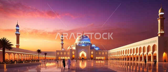 أداء الفرائض والصلوات ،صورة بانورامية لأحد المساجد في المملكة العربية السعودية عند غروب الشمس ،الفن الهندسي المعماري للديكورات والتصاميم الإسلامية ،المآذن والقبب المضيئة على الطراز الإسلامي ،الاهتمام بزراعة أشجار النخيل في ساحة المسجد