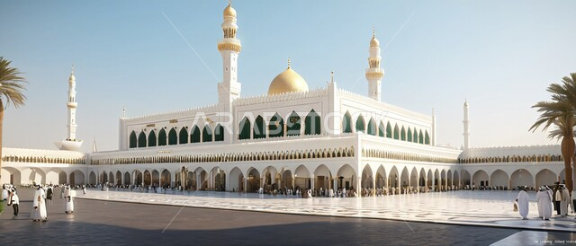 المأذن والقبب على الطراز الإسلامي العصري الحديث ،مفهوم العبادة والتقرب الى الله  ,تجمع المسلمون لأداء الصلوات ,صورة بانورامية لاحد المساجد في المملكة العربية السعودية ،الفن الهندسي المعماري للديكورات والتصاميم الإسلامية الخارجية 