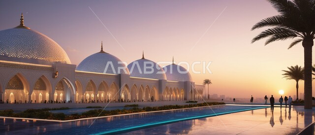 مفهوم العبادة والتقرب الى الله ، أداء الصلوات والفرائض ،صورة بانورامية لاحد المساجد في المملكة العربية السعودية وقت غروب الشمس ،الفن الهندسي المعماري للديكورات والتصاميم الإسلامية الخارجية ،الاهتمام برزاعة النباتات الخضراء في ساحة المسجد ،القبب المزخرفة على الطراز الإسلامي العصري الحديث باللون الأبيض