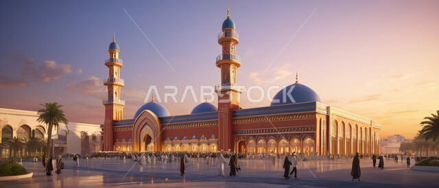 Muslims gather to perform prayers and duties, the concept of worship and getting closer to God, a panoramic image of a mosque in the Kingdom of Saudi Arabia at sunset, the architectural art of Islamic exterior decorations and designs, the interest in planting green plants in the mosque courtyard, minarets and domes in blue in the modern contemporary Islamic style
