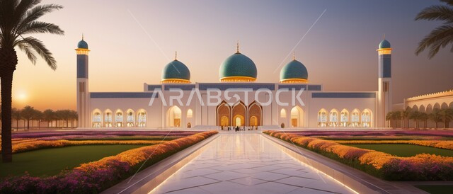 أداء الصلوات والفرائض ،صورة بانورامية لاحد المساجد في المملكة العربية السعودية عند غروب الشمس ،الفن الهندسي المعماري للديكورات الإسلامية الخارجية ،الاهتمام برزاعة النباتات الخضراء وأشجار النخيل في ساحة المسجد ،المأذن والقبب باللون الأزرق على الطراز الإسلامي العصري الحديث