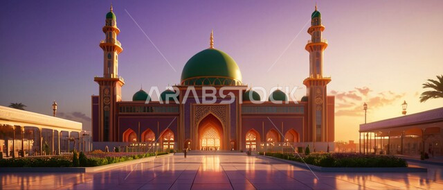 أداء الصلوات والفرائض ،صورة بانورامية لأحد المساجد في المملكة العربية السعودية عند غروب الشمس ،الفن الهندسي المعماري للديكورات والتصاميم الإسلامية الخارجية ،الاهتمام برزاعة النباتات الخضراء في ساحة المسجد ،المآذن والقبب باللون الأخضر على الطراز الإسلامي العصري الحديث