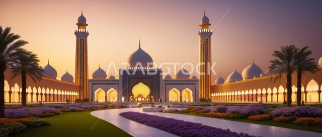 المآذن والقبب باللون الأبيض على الطراز الإسلامي العصري الحديث ،مفهوم العبادة والتقرب الى الله ،صورة بانورامية لأحد المساجد في المملكة العربية السعودية عند غروب الشمس ،الفن الهندسي المعماري للديكورات الإسلامية الخارجية ،الاهتمام برزاعة النباتات الخضراء في ساحة المسجد