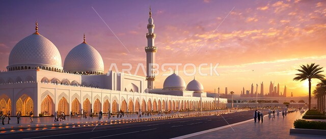 المآذن والقبب باللون الأبيض على الطراز الإسلامي العصري الحديث ،مفهوم العبادة والتقرب الى الله ،صورة بانورامية لأحد المساجد في المملكة العربية السعودية عند غروب الشمس ،الفن الهندسي المعماري للديكورات الإسلامية الخارجية ،الاهتمام برزاعة النباتات الخضراء في ساحة المسجد