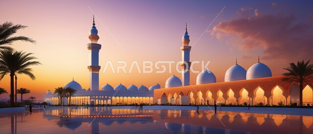 المآذن والقبب باللون الأبيض على الطراز الإسلامي العصري الحديث ،مفهوم العبادة والتقرب الى الله ،صورة بانورامية لأحد المساجد في المملكة العربية السعودية عند غروب الشمس ،الفن الهندسي المعماري للديكورات الإسلامية الخارجية ،الاهتمام برزاعة النباتات الخضراء في ساحة المسجد