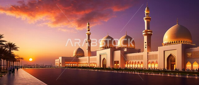 تجمع المسلمون لأداء الصلوات ,صورة بانورامية لأحد المساجد في المملكة العربية السعودية عند غروب الشمس ،الفن الهندسي المعماري للديكورات و التصاميم الإسلامية الخارجية ،المآذن والقبب على الطراز الإسلامي العصري الحديث