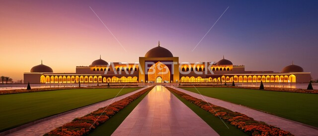 مفهوم العبادة والتقرب الى الله ،أداء الصلوات والفرائض ،صورة بانورامية لأحد المساجد في المملكة العربية السعودية عند غروب الشمس ،الفن الهندسي المعماري للتصاميم الإسلامية الخارجية ،الاهتمام برزاعة النباتات الخضراء في ساحة المسجد ،القبب على الطراز الإسلامي العصري الحديث
