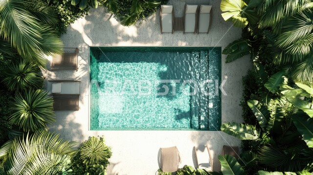Luxury chalets, hotels and resorts, modern architectural art, top view of blue swimming pool in a residential complex garden, distinctive modern designs, interest in planting palm trees and green plants