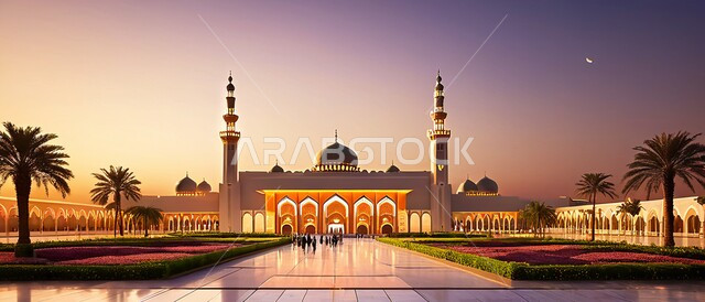 الديكورات والتصاميم الهندسية المعمارية على الطراز الإسلامي الحديث ،صورة بانورامية لأحد المساجد في المملكة العربية السعودية ،أداء الفرائض والتقرب إلى الله ،أماكن العبادة والصلاة والخشوع ،الاهتمام بزراعة أشجار النخيل في ساحة المسجد