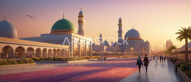الديكورات والتصاميم الهندسية المعمارية على الطراز الإسلامي الحديث ،صورة بانورامية لأحد المساجد في المملكة العربية السعودية ،أداء الفرائض والتقرب إلى الله ،أماكن العبادة والصلاة والخشوع ،الاهتمام بزراعة أشجار النخيل في ساحة المسجد