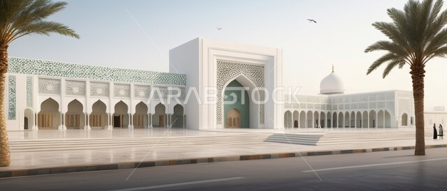 أداء الفرائض والصلوات ،صورة بانورامية لأحد المساجد في المملكة العربية السعودية ،الفن الهندسي المعماري للديكورات والتصاميم الإسلامية ،القبب على الطراز الإسلامي ،الاهتمام بزراعة أشجار النخيل في ساحة المسجد