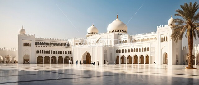 أداء الفرائض والصلوات ،صورة بانورامية لأحد المساجد في المملكة العربية السعودية ،الفن الهندسي المعماري للديكورات والتصاميم الإسلامية ،القبب على الطراز الإسلامي ،الاهتمام بزراعة أشجار النخيل في ساحة المسجد
