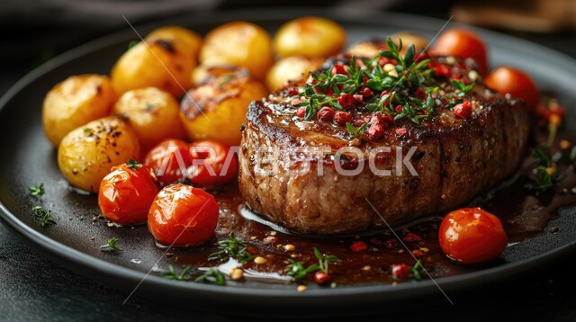 وجبة ذات قيمة غذائية عالية، مطاعم للمأكولات العربية الشرقية، اللحوم البقرية المشوية الشهية، وصفات المطبخ السعودي الغني بالنكهات، أطعمة غنية بالبروتين، صورة مقربة لستيك اللحم مع الخضار المطبوخة والتوابل على طبق أسود