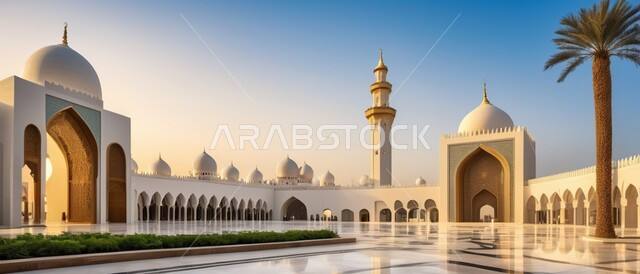 أداء الفرائض والصلوات ،صورة بانورامية لأحد المساجد في المملكة العربية السعودية ،الفن الهندسي المعماري للديكورات والتصاميم الإسلامية ،المآذن والقبب على الطراز الإسلامي ،الاهتمام بزراعة أشجار النخيل في ساحة المسجد