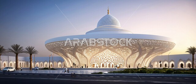 الديكورات والتصاميم الهندسية المعمارية على الطراز الإسلامي الحديث ،صورة بانورامية لأحد المساجد في المملكة العربية السعودية ،أداء الفرائض والتقرب إلى الله ،أماكن العبادة والصلاة والخشوع ،الاهتمام بزراعة أشجار النخيل في ساحة المسجد