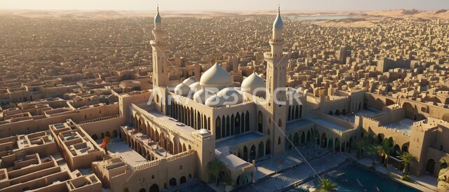 الفن الهندسي المعماري والديكورات الخارجية الإسلامية على الطراز العصري الحديث ,صورة بانورامية لأحد المساجد في المملكة العربية السعودية ,أداء الفرائض والصلوات ,أماكن دينية مقدسة