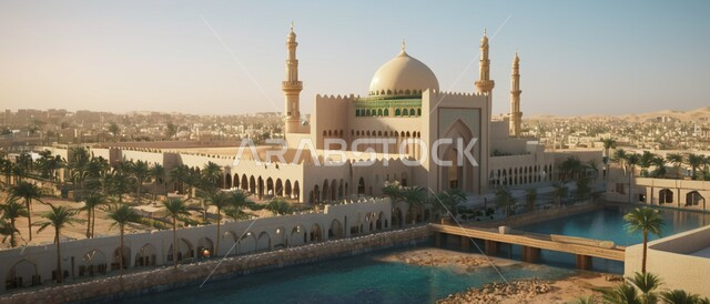 الفن الهندسي المعماري والديكورات الخارجية الإسلامية على الطراز العصري الحديث ,صورة بانورامية لأحد المساجد في المملكة العربية السعودية ,أداء الفرائض والصلوات ,أماكن دينية مقدسة