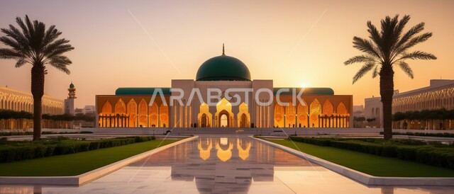 أماكن العبادة والصلاة والخشوع ،الديكورات والتصاميم الهندسية المعمارية على الطراز الإسلامي الحديث ،صورة بانورامية لأحد المساجد في المملكة العربية السعودية وقت غروب الشمس ،أداء الفرائض والتقرب إلى الله ،الاهتمام بزراعة أشجار النخيل في ساحة المسجد