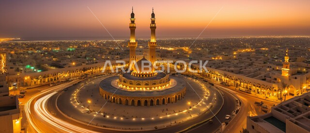 الفن الهندسي المعماري والديكورات الخارجية الإسلامية على الطراز العصري الحديث ,صورة بانورامية لأحد المساجد في المملكة العربية السعودية ,أداء الفرائض والصلوات ,أماكن دينية مقدسة