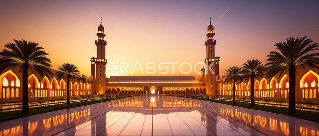 الديكورات والتصاميم الهندسية المعمارية على الطراز الإسلامي الحديث ،صورة بانورامية لأحد المساجد في المملكة العربية السعودية ،أداء الفرائض والتقرب إلى الله ،أماكن العبادة والصلاة والخشوع ،الاهتمام بزراعة أشجار النخيل في ساحة المسجد