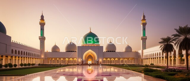 الديكورات والتصاميم الهندسية المعمارية على الطراز الإسلامي الحديث ،صورة بانورامية لأحد المساجد في المملكة العربية السعودية ،أداء الفرائض والتقرب إلى الله ،أماكن العبادة والصلاة والخشوع ،الاهتمام بزراعة أشجار النخيل في ساحة المسجد