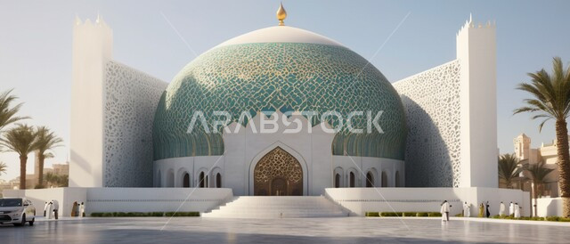 التصاميم والديكورات الهندسية المعمارية على الطراز الإسلامي الحديث ،صورة بانورامية لمسجد عشكل قبة في المملكة العربية السعودية ،أداء الفرائض والتقرب إلى الله ،أماكن العبادة والصلاة والخشوع 