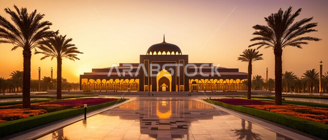 أماكن العبادة والصلاة والخشوع ،الديكورات والتصاميم الهندسية المعمارية على الطراز الإسلامي الحديث ،صورة بانورامية لأحد المساجد في المملكة العربية السعودية وقت غروب الشمس ،أداء الفرائض والتقرب إلى الله ،الاهتمام بزراعة أشجار النخيل في ساحة المسجد