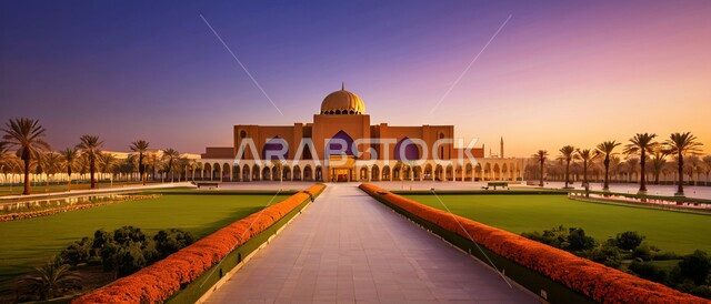 أداء الفرائض والصلوات ,صورة بانورامية لاحد المساجد في المملكة العربية السعودية عند غروب الشمس ،الفن الهندسي المعماري للديكورات والتصاميم الإسلامية الخارجية ،الاهتمام برزاعة النباتات الخضراء في ساحة المسجد ،المأذن والقبب على الطراز الإسلامي العصري الحديث