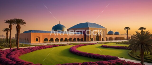 أداء الفرائض والصلوات ,صورة بانورامية لاحد المساجد في المملكة العربية السعودية عند غروب الشمس ،الفن الهندسي المعماري للديكورات والتصاميم الإسلامية الخارجية ،الاهتمام برزاعة النباتات الخضراء في ساحة المسجد ،المأذن والقبب على الطراز الإسلامي العصري الحديث