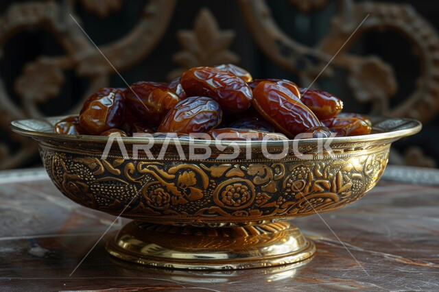 وجبة ذات قيمة غذائية عالية، ضيافة رمضانية شهية، رطب من نخيل المملكة العربية السعودية، محاصيل ومنتجات زراعية محلية وطنية سعودية، طبق نحاسي مزخرف مليء بالتمر السكري الصحي الطازج