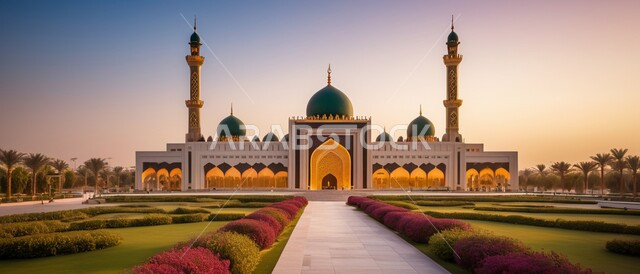 مفهوم العبادة والتقرب الى الله  ,أداء الفرائض والصلوات ,صورة بانورامية لاحد المساجد في المملكة العربية السعودية عند غروب الشمس ،الاهتمام برزاعة النباتات الخضراء في ساحة المسجد ،المأذن والقبب على الطراز الإسلامي العصري الحديث