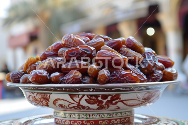 وجبة ذات قيمة غذائية عالية، ضيافة رمضانية شهية، رطب من نخيل المملكة العربية السعودية، محاصيل ومنتجات زراعية محلية وطنية سعودية، طبق زجاجي مزخرف مليء بالتمر السكري الصحي الطازج
