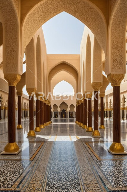الفن الهندسي المعماري للتصاميم العصرية ،صورة بانورامية للأعمدة والأقواس المزخرفة على الطراز الإسلامي لأحد المساجد في المملكة العربية السعودية ،أداء الفرائض والصلوات ،أماكن دينية مقدسة