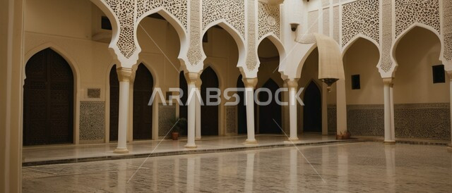 الفن الهندسي المعماري للتصاميم العصرية ،صورة بانورامية للأعمدة والأقواس المزخرفة على الطراز الإسلامي لأحد المساجد في المملكة العربية السعودية ،أداء الفرائض والصلوات ،أماكن دينية مقدسة