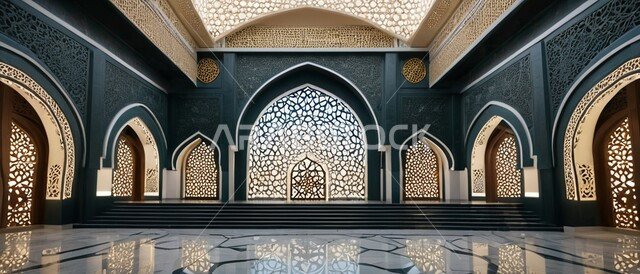 الفن الهندسي المعماري للديكورات والتصاميم الداخلية الإسلامية على الطراز العصري ،صورة بانوامية للأقواس المزخرفة لأحد المساجد في المملكة العربية السعودية ،أماكن دينية مقدسة ،أداء الصلوات والفرائض