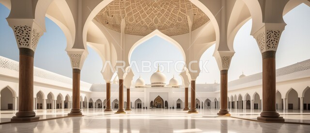 أداء الفرائض والصلوات ،صورة بانورامية لأحد المساجد في المملكة العربية السعودية ،الفن الهندسي المعماري للديكورات والتصاميم الإسلامية ،المآذن والقبب باللون الأبيض ،الاعمدة والاقواس على الطراز الإسلامي