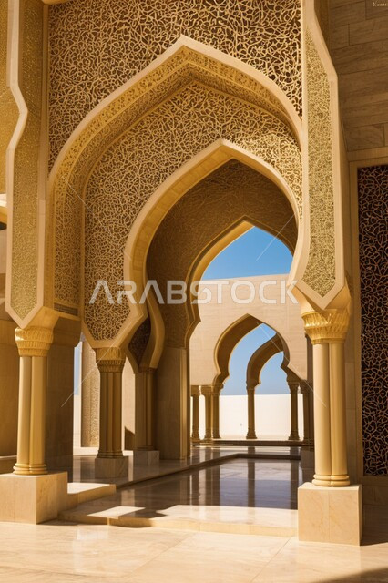 الفن الهندسي المعماري للديكورات والتصاميم الإسلامية على الطراز العصري الحديث ،صورة بانورامية لأقواس مزخرفة لأحد المساجد في المملكة العربية السعودية ،أماكن دينية مقدسة ،أداء الفرائض والصلوات