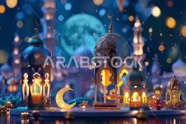 أجواء رمضانية وروحانية, فوانيس عربية معدنية مزخرفة مضيئة، زينة وأنوار الأعياد والمناسبات الدينية الاسلامية، التحف والديكورات التقليدية للاحتفال بقدوم شهر رمضان المبارك، منظر القمر في السماء ليلا
