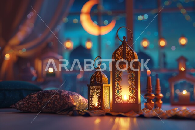 أجواء رمضانية وروحانية, فوانيس عربية معدنية مزخرفة مضيئة، زينة وأنوار الأعياد والمناسبات الدينية الاسلامية، التحف والديكورات التقليدية للاحتفال بقدوم شهر رمضان المبارك، منظر القمر في السماء ليلا