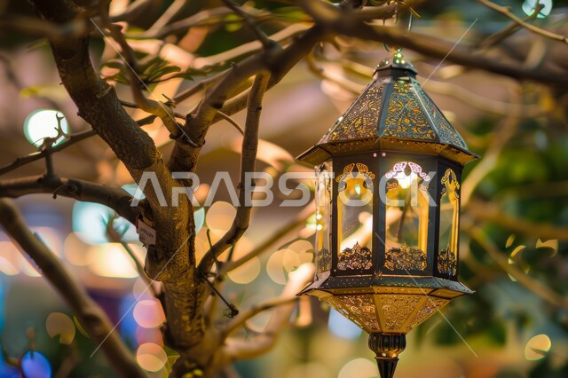 أجواء رمضانية وروحانية, صورة مقربة لفانوس عربي معدني مزخرف مضيء معلق على اغصان الشجرة، زينة وأنوار الأعياد والمناسبات الدينية الاسلامية، التحف والديكورات التقليدية للاحتفال بقدوم شهر رمضان المبارك، مناظر طبيعية متميزة
