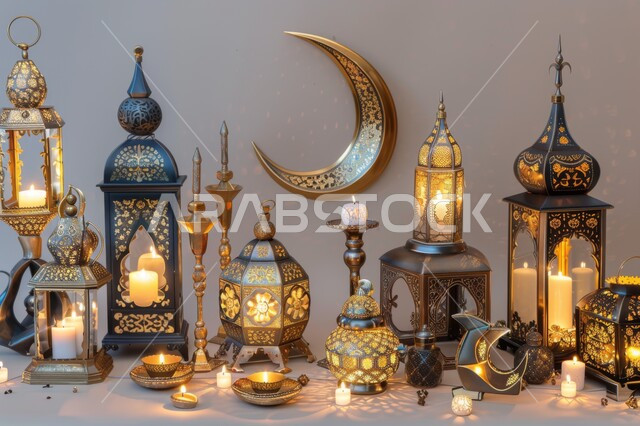 التحف والاكسسوارات التقليدية للاحتفال بقدوم شهر رمضان المبارك، أجواء رمضانية وروحانية, صورة مقربة لفوانيس عربية معدنية مزخرفة مضيئة، زينة وأنوار الأعياد والمناسبات الدينية الاسلامية، خلفية رمادية