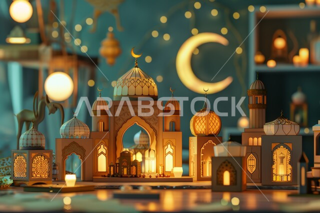 أجواء رمضانية وروحانية, فوانيس عربية معدنية مزخرفة مضيئة، زينة وأنوار الأعياد والمناسبات الدينية الاسلامية، التحف والديكورات التقليدية للاحتفال بقدوم شهر رمضان المبارك