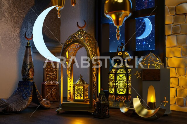 أجواء رمضانية وروحانية, فوانيس عربية معدنية مزخرفة مضيئة، زينة وأنوار الأعياد والمناسبات الدينية الاسلامية، التحف والديكورات التقليدية للاحتفال بقدوم شهر رمضان المبارك