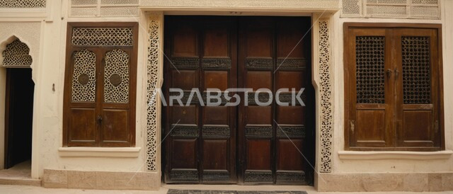 ديكورات عربية واشكال هندسية اسلامية مميزة، صورة بانورامية للأبواب الخشبية التراثية المزخرفة على الطراز الشعبي، الفن الهندسي المعماري العصري الحديث, القرى و الأحياء الأثرية في السعودية