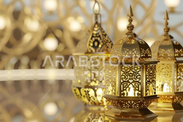التحف والاكسسوارات التقليدية للاحتفال بقدوم شهر رمضان المبارك، أجواء رمضانية وروحانية, صورة مقربة لفوانيس عربية معدنية مزخرفة مضيئة باللون الذهبي، زينة وأنوار الأعياد والمناسبات الدينية الاسلامية، خلفية ضبابية